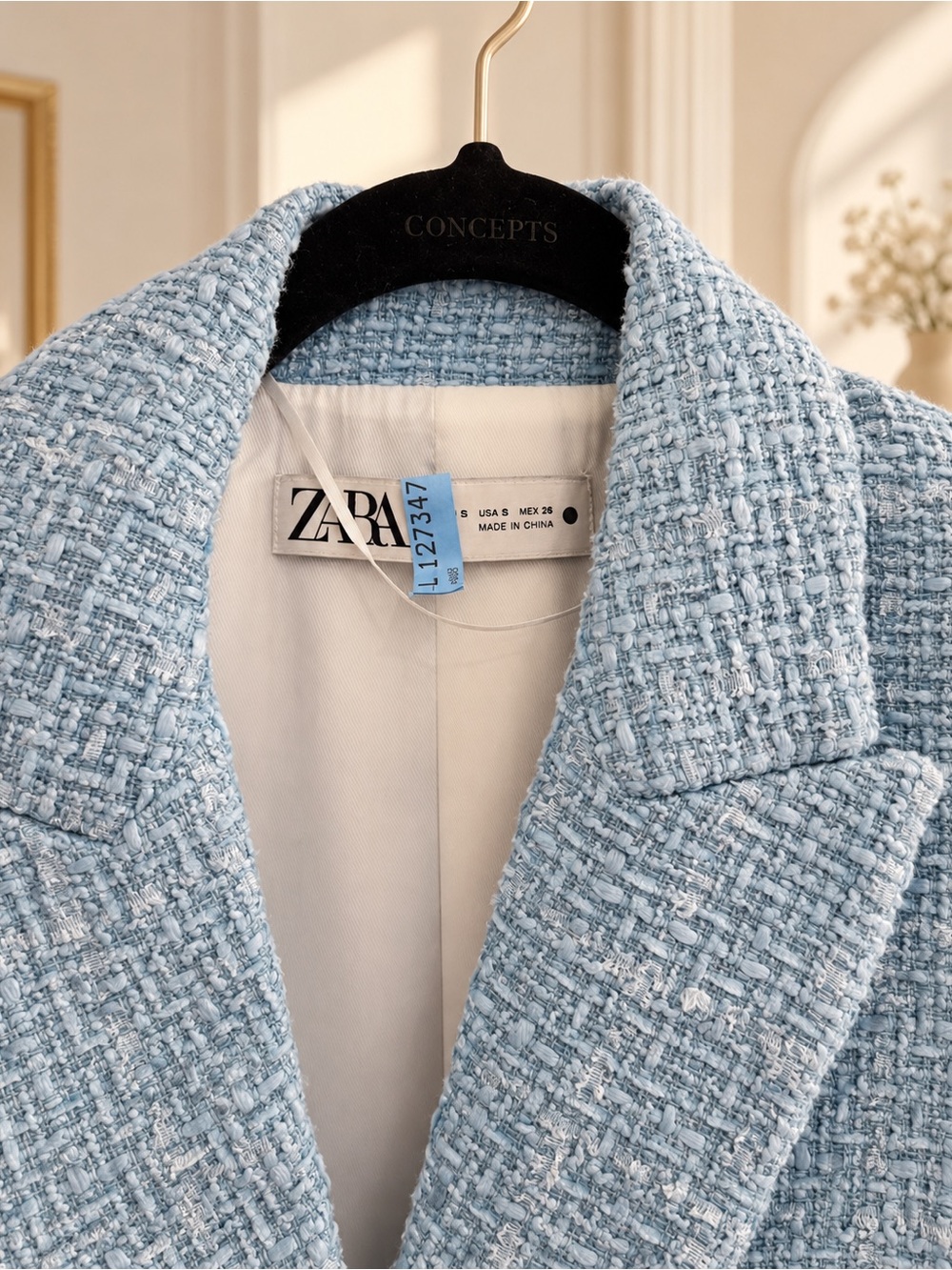 ZARA Baby Blue Tweed Double-Breasted Blazer with Gold Buttons - Picture 2 of 4